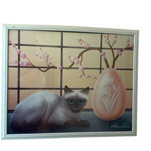 Framed 1986 Andy Mack Siamese Cat Print Mid Century Modern Wall Art 24x32